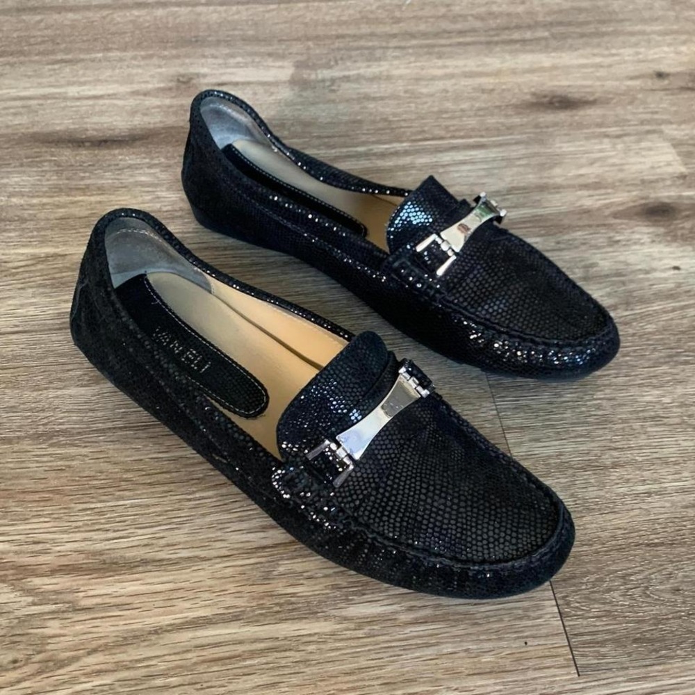 Vaneli Sparkly Black Slip-On Loafers w/ silver buckle. - Size 9 Womens